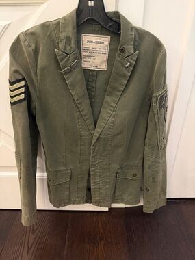 Zadig & Voltaire Olive Green Military Field Jacket with Patch Accents